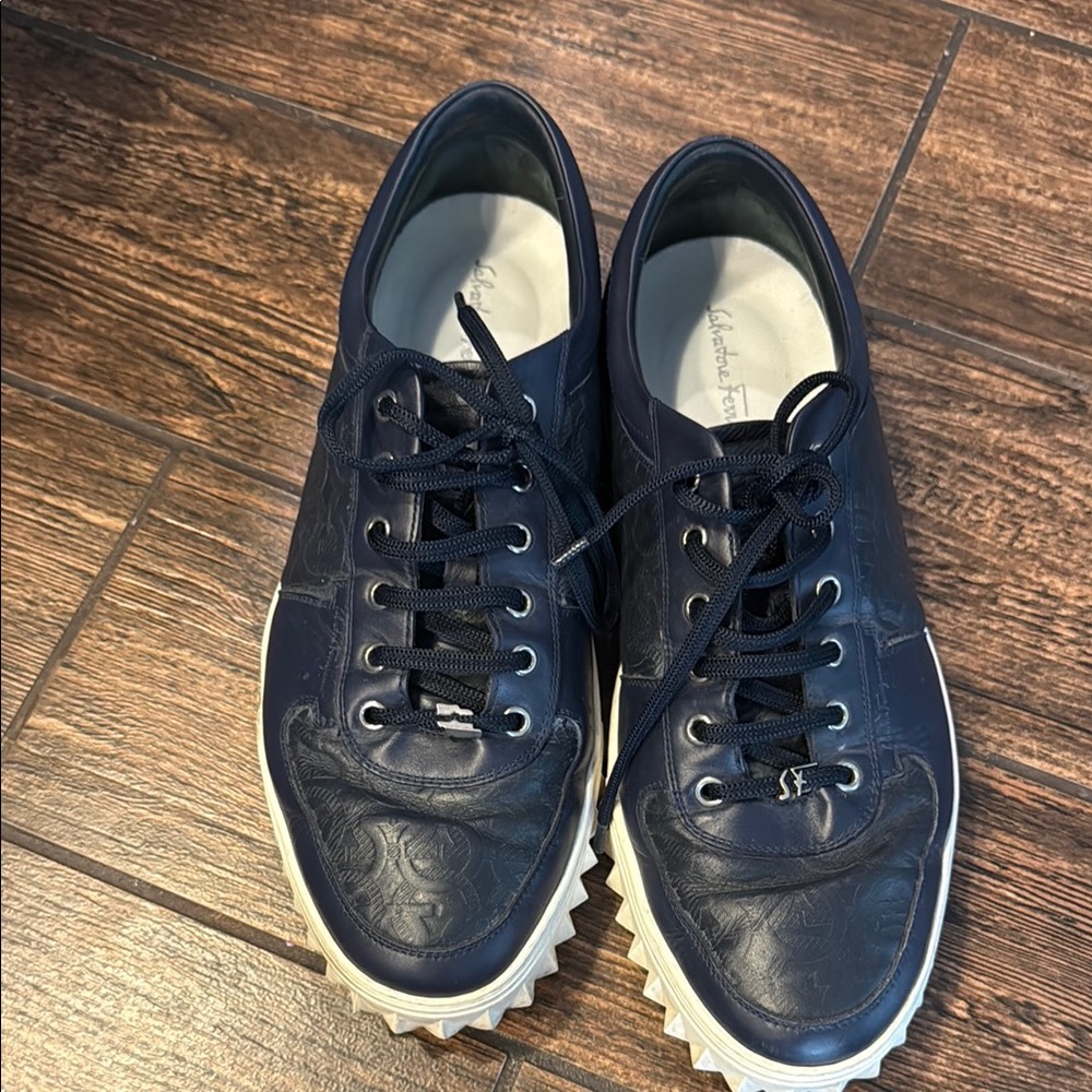 Ferragamo Mens Navy Blue Leather Sneaker